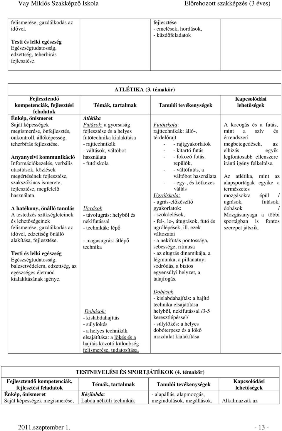 fejlesztése. Anyanyelvi kommunikáció Információkezelés, verbális utasítások, közlések megértésének fejlesztése, szakszókincs ismerete, fejlesztése, megfelelı használata.