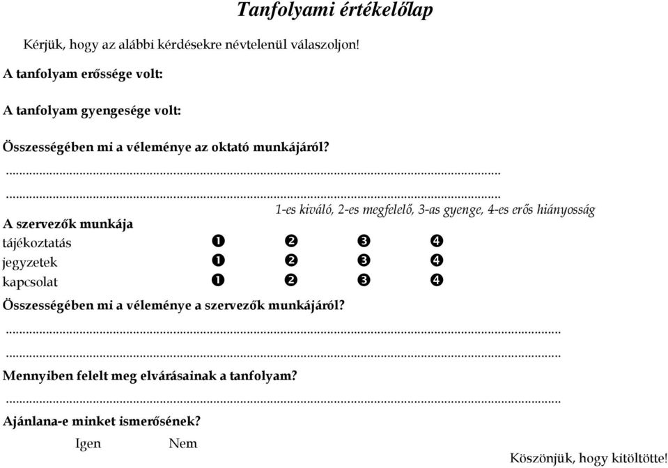 ...... A szervezık munkája 1-es kiváló, 2-es megfelelı, 3-as gyenge, 4-es erıs hiányosság tájékoztatás ❶ ❷ ❸ ❹ jegyzetek ❶ ❷ ❸