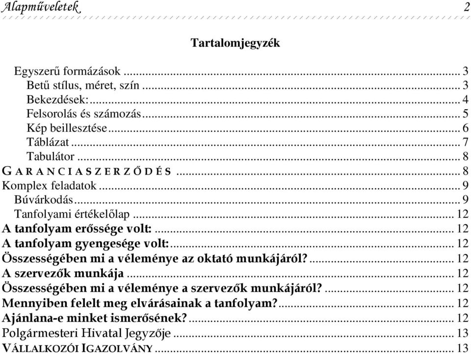 .. 12 A tanfolyam gyengesége volt:... 12 Összességében mi a véleménye az oktató munkájáról?... 12 A szervezık munkája.