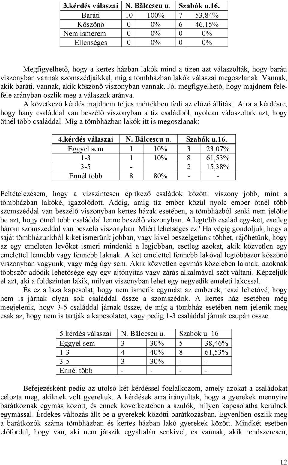 szomszédjaikkal, míg a tömbházban lakók válaszai megoszlanak. Vannak, akik baráti, vannak, akik köszönő viszonyban vannak.