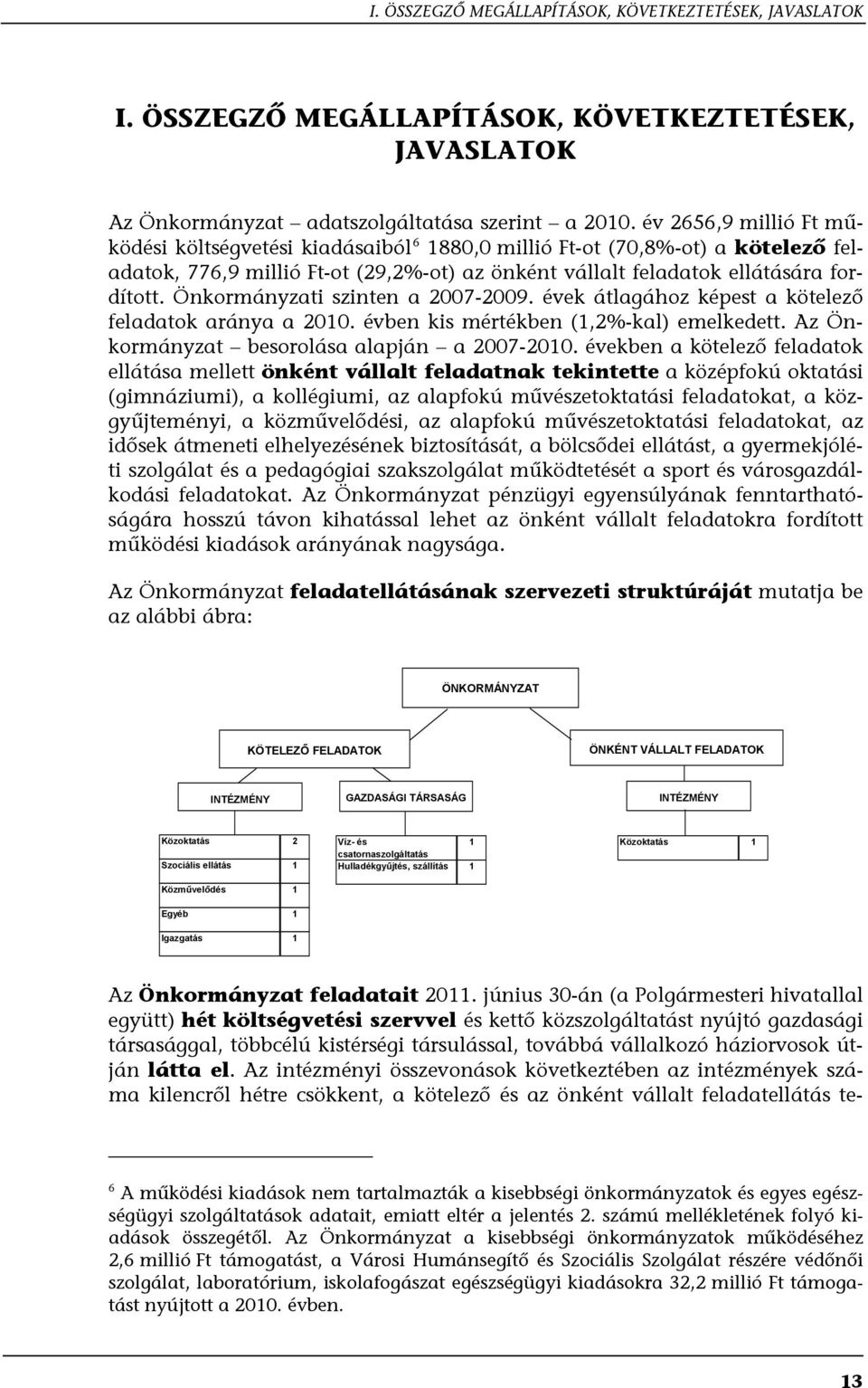 Önkormányzati szinten a 2007-2009. évek átlagához képest a kötelező feladatok aránya a 2010. évben kis mértékben (1,2%-kal) emelkedett. Az Önkormányzat besorolása alapján a 2007-2010.