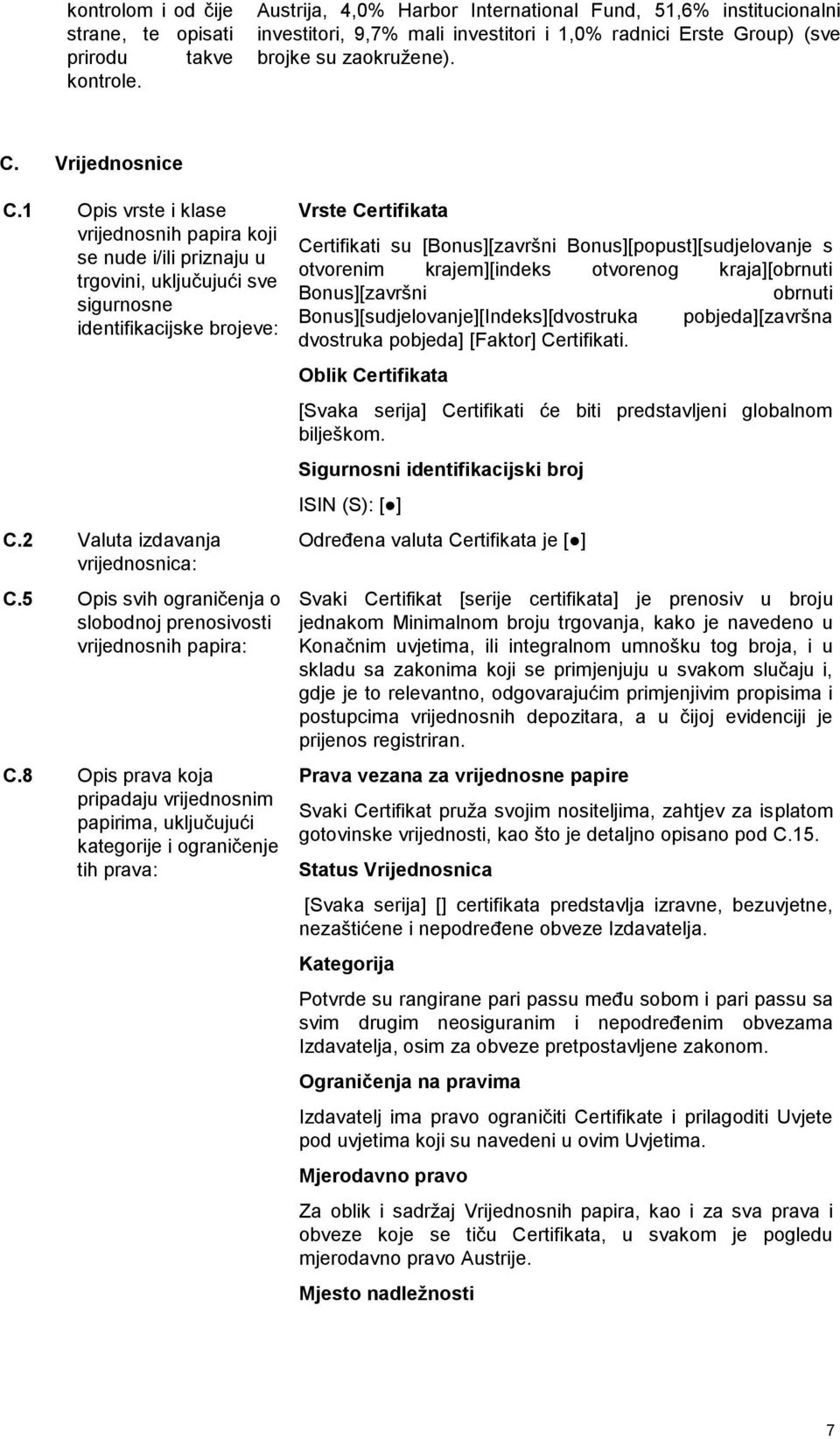 1 Opis vrste i klase vrijednosnih papira koji se nude i/ili priznaju u trgovini, uključujući sve sigurnosne identifikacijske brojeve: C.2 Valuta izdavanja vrijednosnica: C.