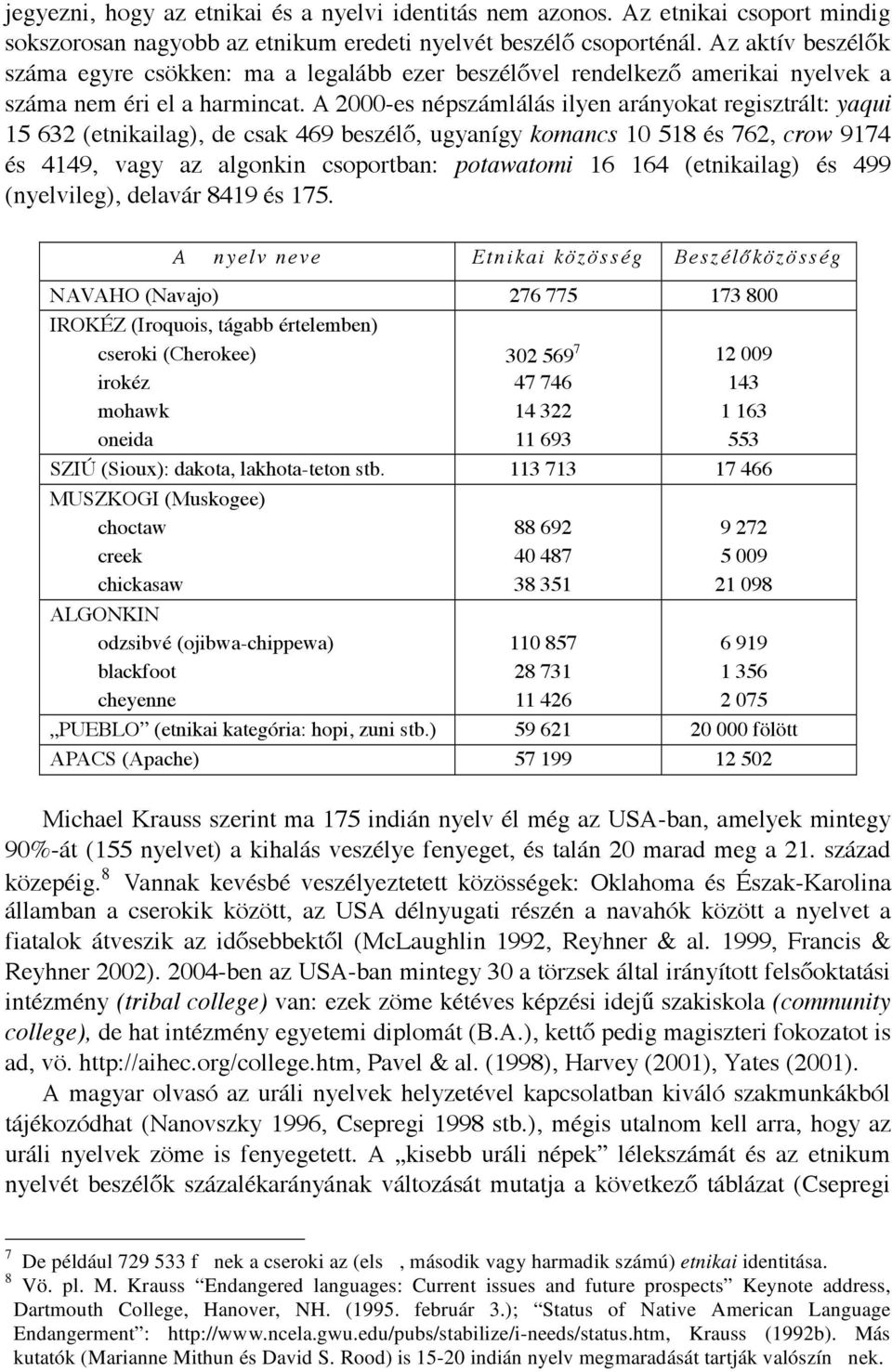 A 2000-es népszámlálás ilyen arányokat regisztrált: yaqui 15 632 (etnikailag), de csak 469 beszél, ugyanígy komancs 10 518 és 762, crow 9174 és 4149, vagy az algonkin csoportban: potawatomi 16 164