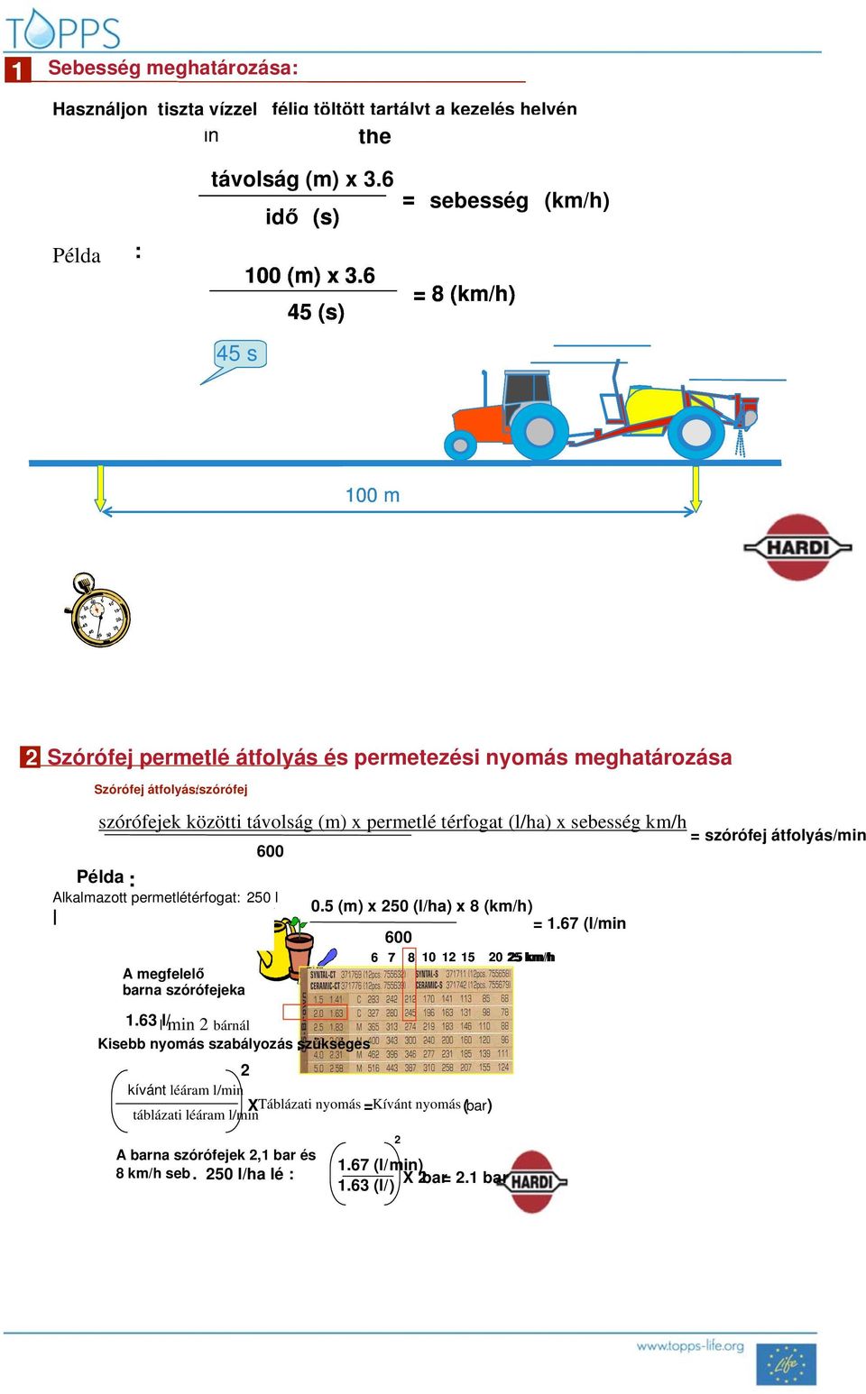 6 45 (s) = sebesség (km/h) = 8 (km/h) 45 s 100 m 2 Szórófej permetlé átfolyás és permetezési nyomás meghatározása Szórófej átfolyás/szórófej : szórófejek közötti távolság (m) x permetlé térfogat