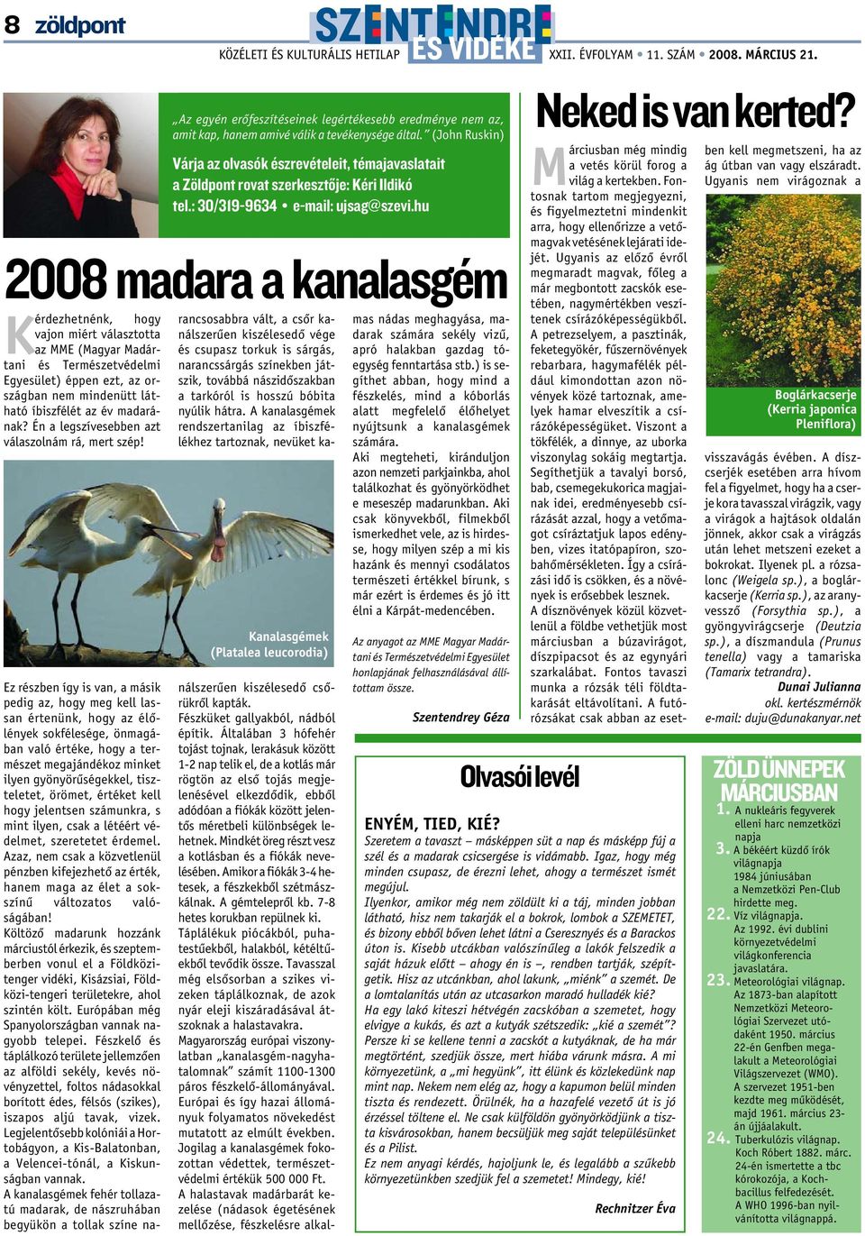 hu Kanalasgémek (Platalea leucorodia) Ez részben így is van, a másik pedig az, hogy meg kell lassan értenünk, hogy az élõlények sokfélesége, önmagában való értéke, hogy a természet megajándékoz