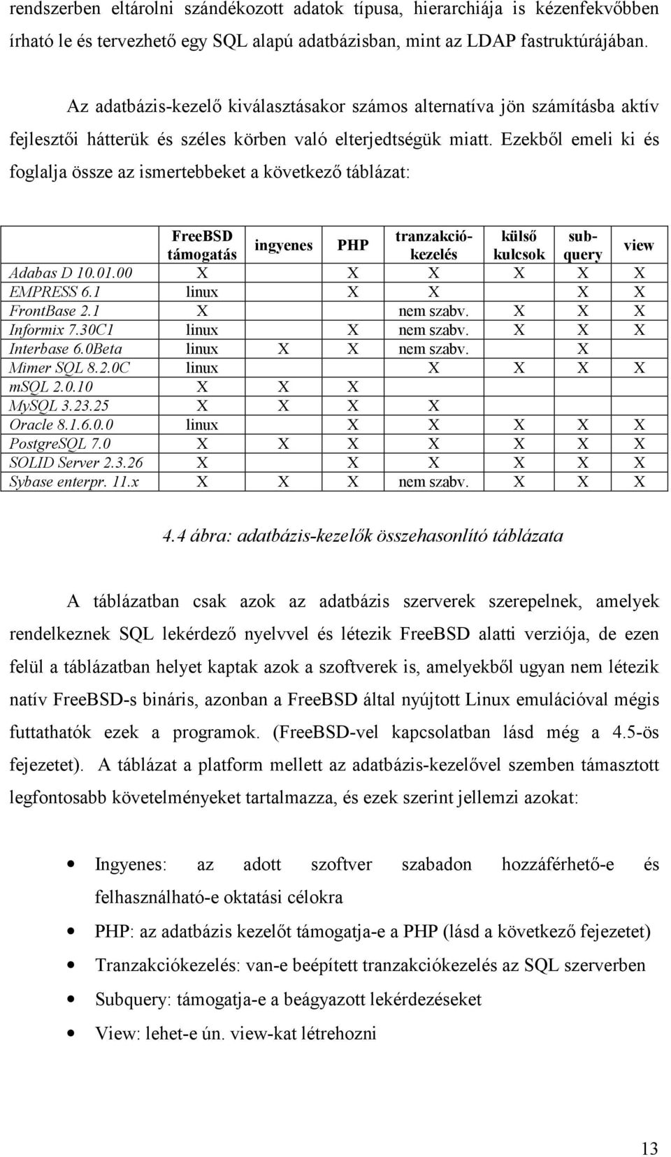 Ezekből emeli ki és foglalja össze az ismertebbeket a következő táblázat: FreeBSD tranzakciókezelés kulcsok query külső sub- ingyenes PHP támogatás view Adabas D 10.01.00 X X X X X X EMPRESS 6.