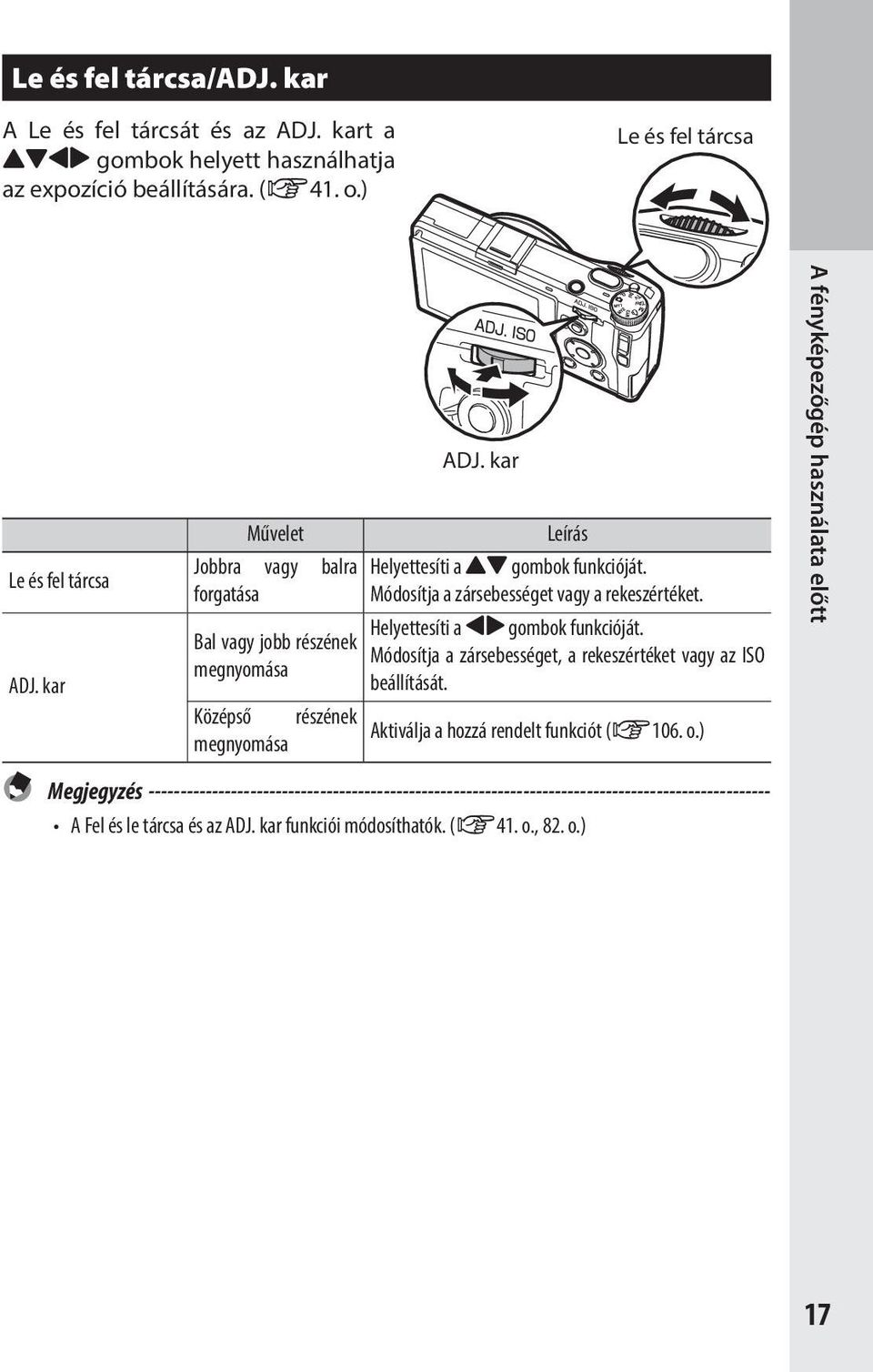 Helyettesíti a #$ gombok funkcióját. Módosítja a zársebességet, a rekeszértéket vagy az ISO beállítását. Középső részének Aktiválja a hozzá rendelt funkciót (G106. o.