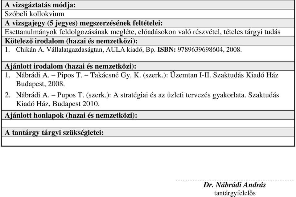 Ajánlott irodalom (hazai és nemzetközi): 1. Nábrádi A. Pipos T. Takácsné Gy. K. (szerk.): Üzemtan I-II. Szaktudás Kiadó Ház Budapest, 2008. 2. Nábrádi A. Pupos T.