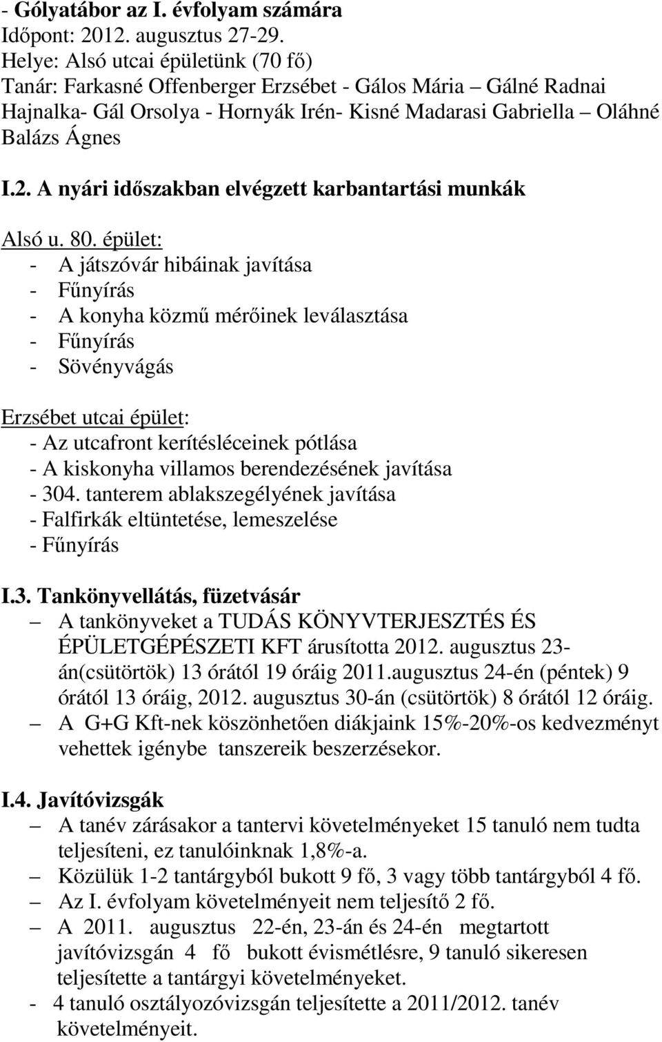 A nyári időszakban elvégzett karbantartási munkák Alsó u. 80.