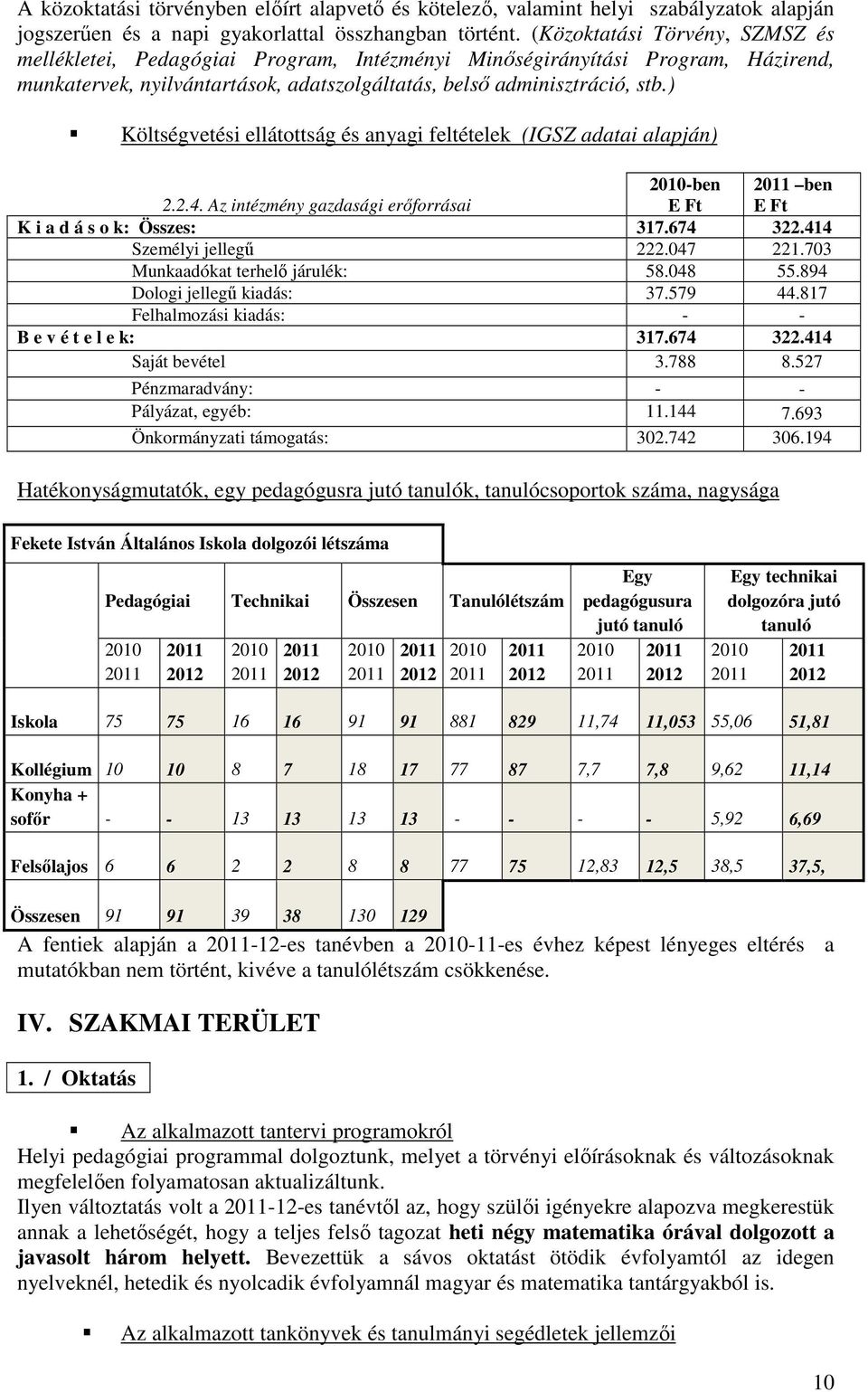 ) Költségvetési ellátottság és anyagi feltételek (IGSZ adatai alapján) 2.2.4. Az intézmény gazdasági erıforrásai 2010-ben E Ft 2011 ben E Ft K i a d á s o k: Összes: 317.674 322.