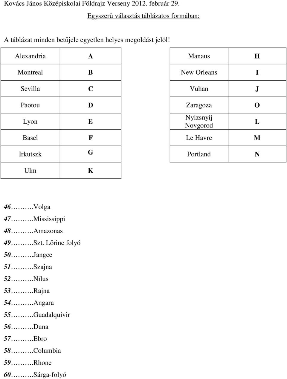 Novgorod Basel F Le Havre M Irkutszk G Portland N L Ulm K 46.Volga 47.Mississippi 48.Amazonas 49.Szt.