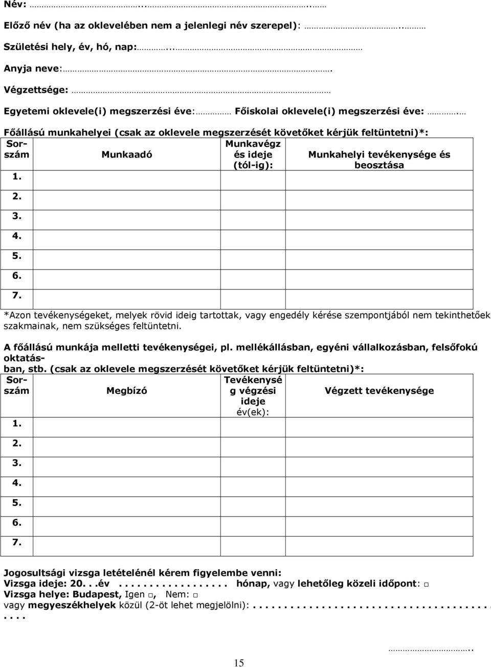 Munkavégz és ideje (tól-ig): Munkahelyi tevékenysége és beosztása *Azon tevékenységeket, melyek rövid ideig tartottak, vagy engedély kérése szempontjából nem tekinthetőek szakmainak, nem szükséges