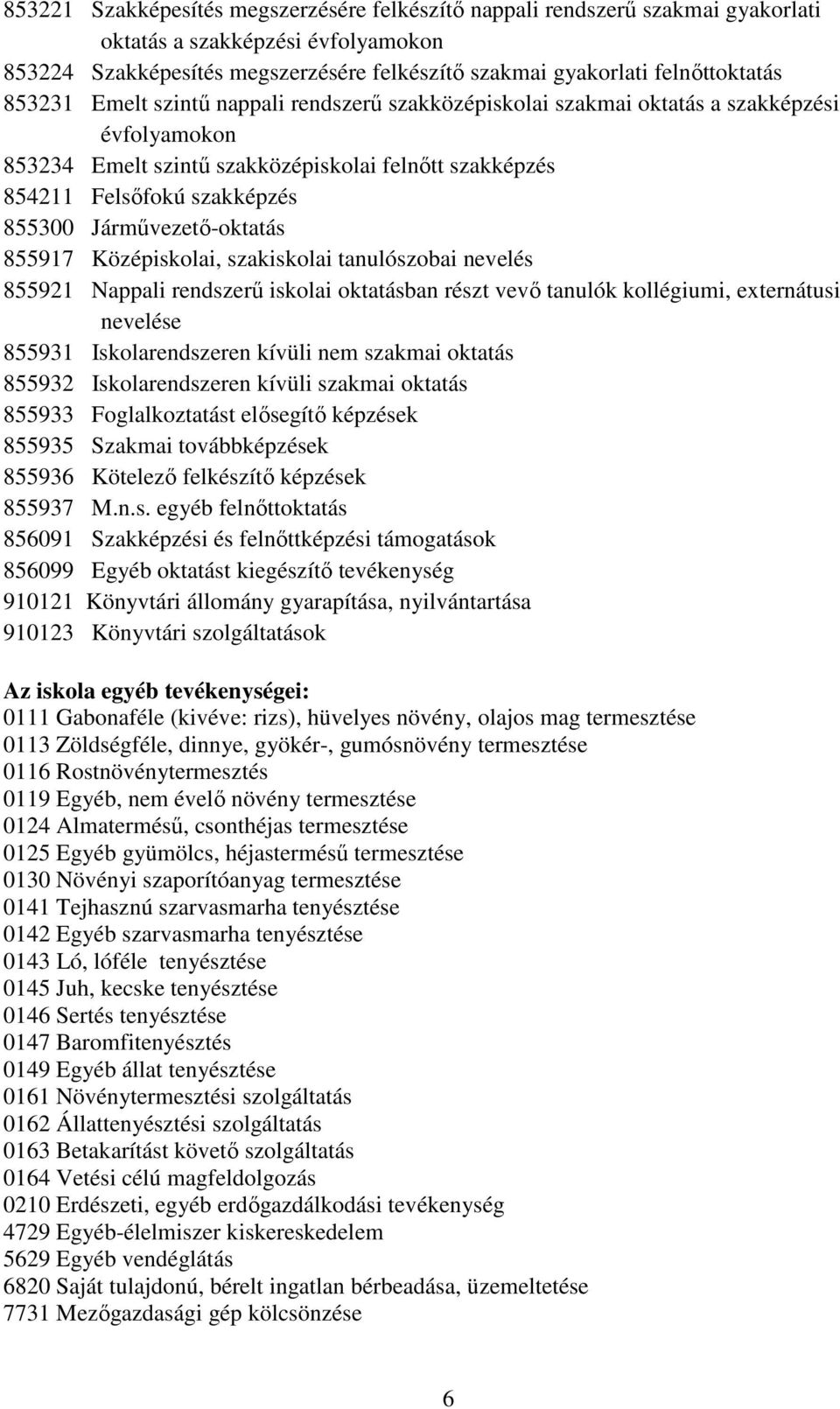 Jármővezetı-oktatás 855917 Középiskolai, szakiskolai tanulószobai nevelés 855921 Nappali rendszerő iskolai oktatásban részt vevı tanulók kollégiumi, externátusi nevelése 855931 Iskolarendszeren