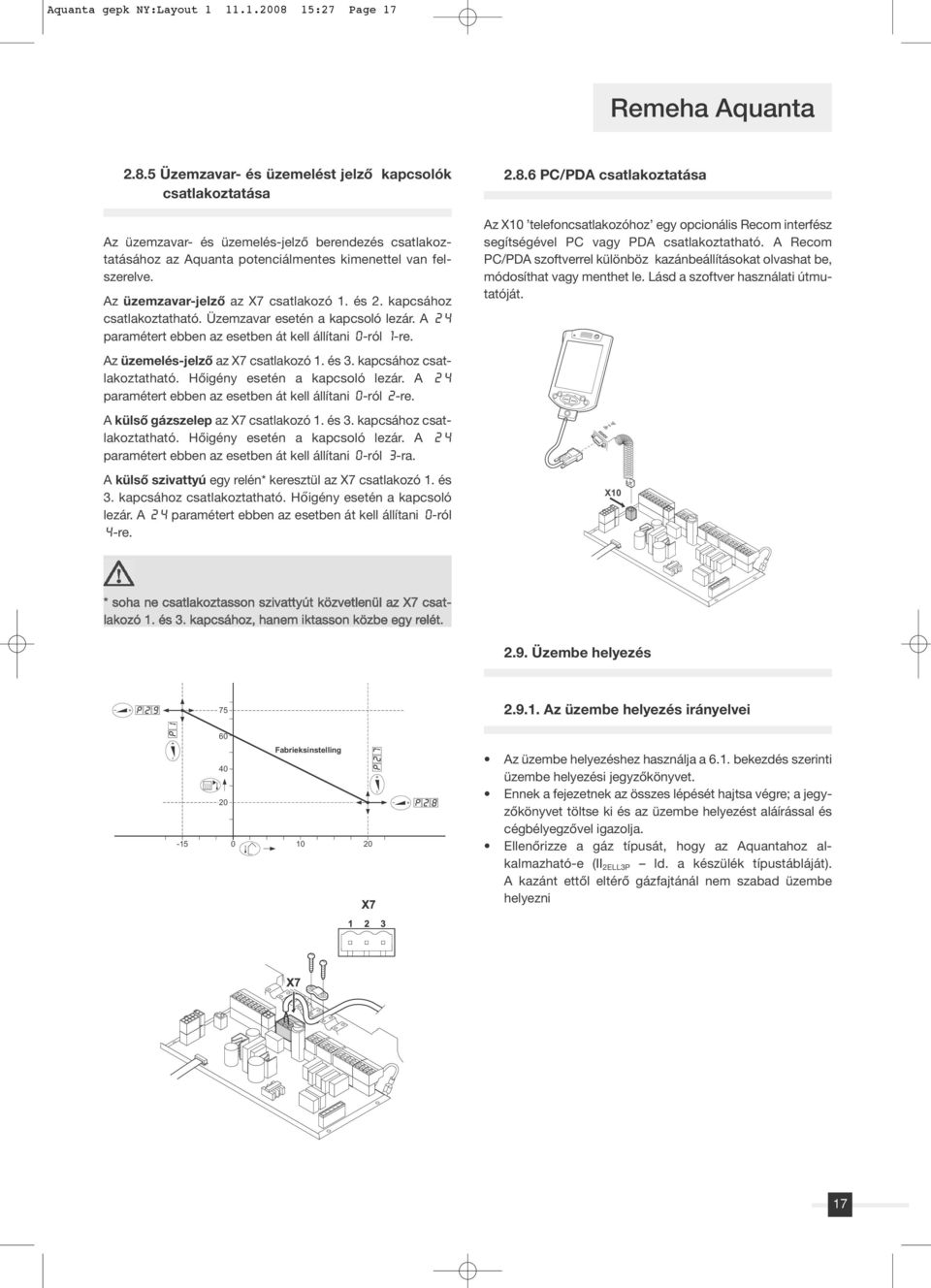 5 Üzemzavar- és üzemelést jelzô kapcsolók csatlakoztatása Az üzemzavar- és üzemelés-jelzô berendezés csatlakoztatásához az Aquanta potenciálmentes kimenettel van felszerelve.