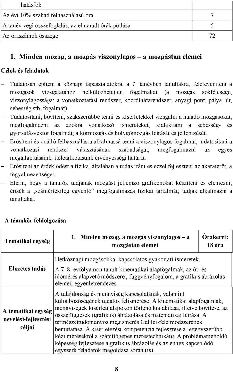 tanévben tanultakra, feleleveníteni a mozgások vizsgálatához nélkülözhetetlen fogalmakat (a mozgás sokfélesége, viszonylagossága; a vonatkoztatási rendszer, koordinátarendszer, anyagi pont, pálya,