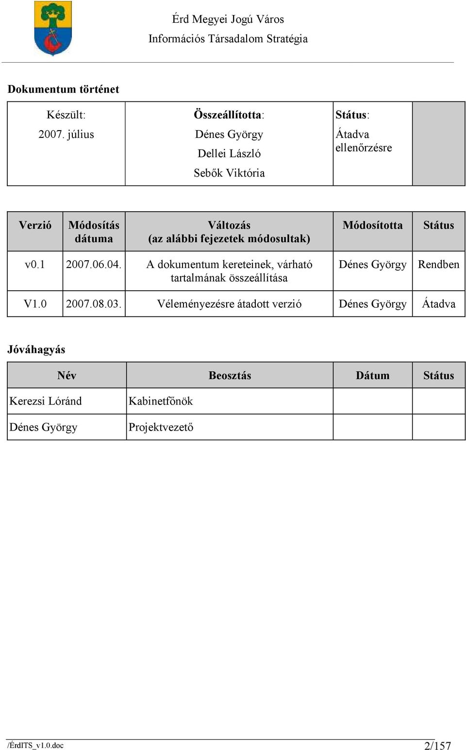 Változás (az alábbi fejezetek módosultak) Módosította Státus v0.1 2007.06.04.