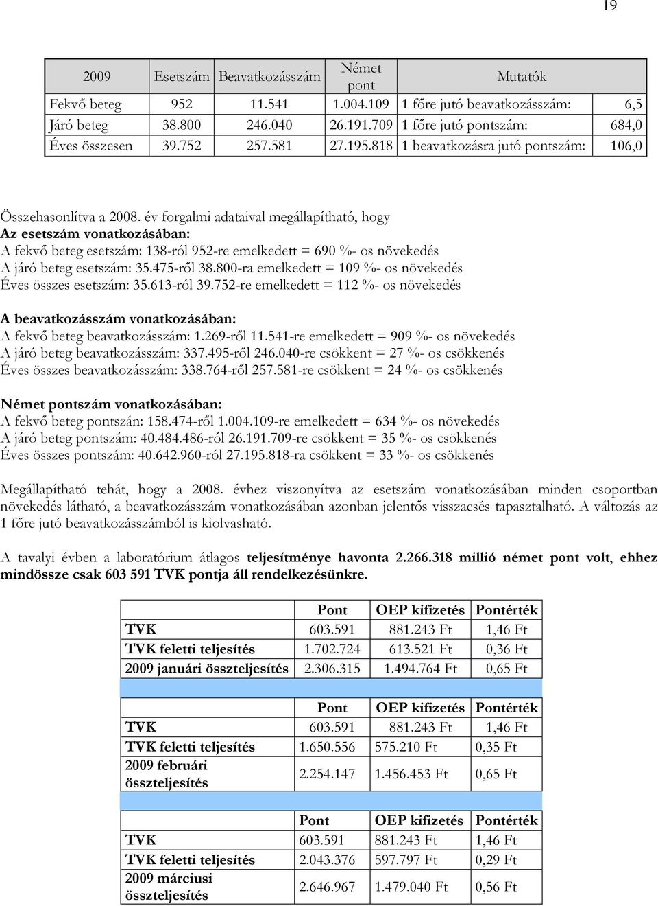 év forgalmi adataival megállapítható, hogy Az esetszám vonatkozásában: A fekvı beteg esetszám: 138-ról 952-re emelkedett = 690 %- os növekedés A járó beteg esetszám: 35.475-rıl 38.