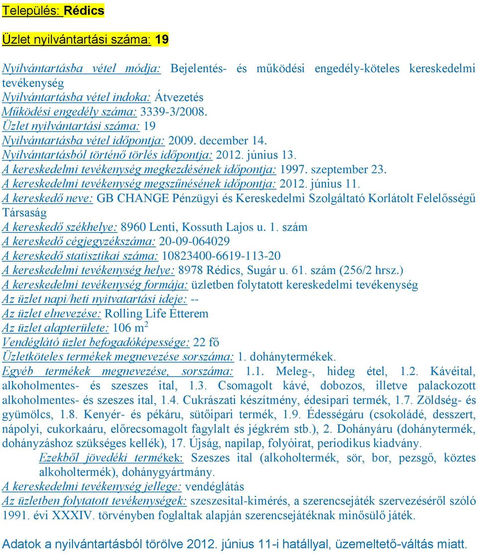 A kereskedelmi tevékenység megkezdésének időpontja: 1997. szeptember 23. A kereskedelmi tevékenység megszűnésének időpontja: 2012. június 11.