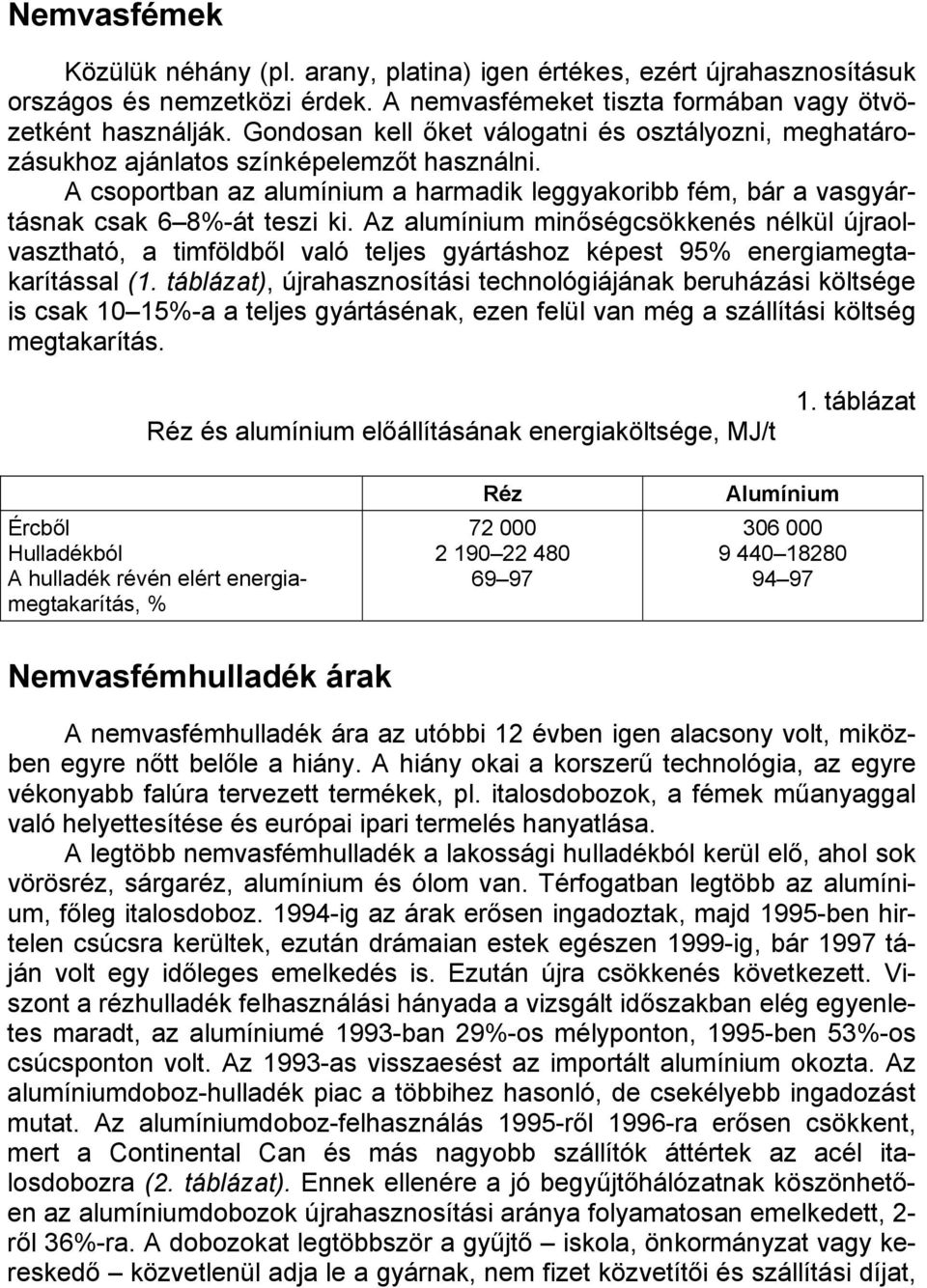 Az alumínium minőségcsökkenés nélkül újraolvasztható, a timföldből való teljes gyártáshoz képest 95% energiamegtakarítással (1.