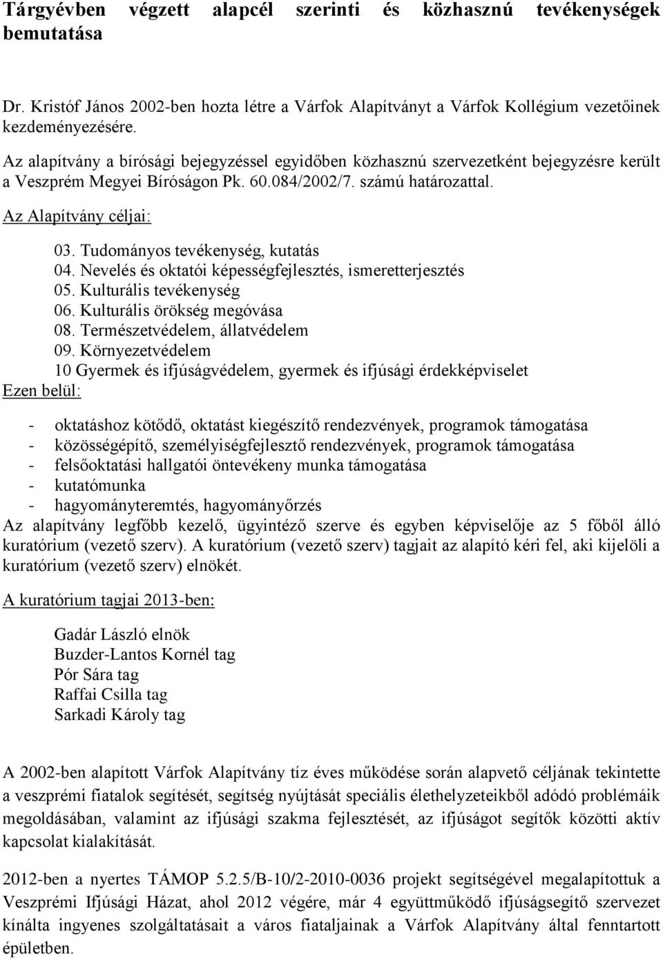 Tudományos tevékenység, kutatás 04. Nevelés és oktatói képességfejlesztés, ismeretterjesztés 05. Kulturális tevékenység 06. Kulturális örökség megóvása 08. Természetvédelem, állatvédelem 09.