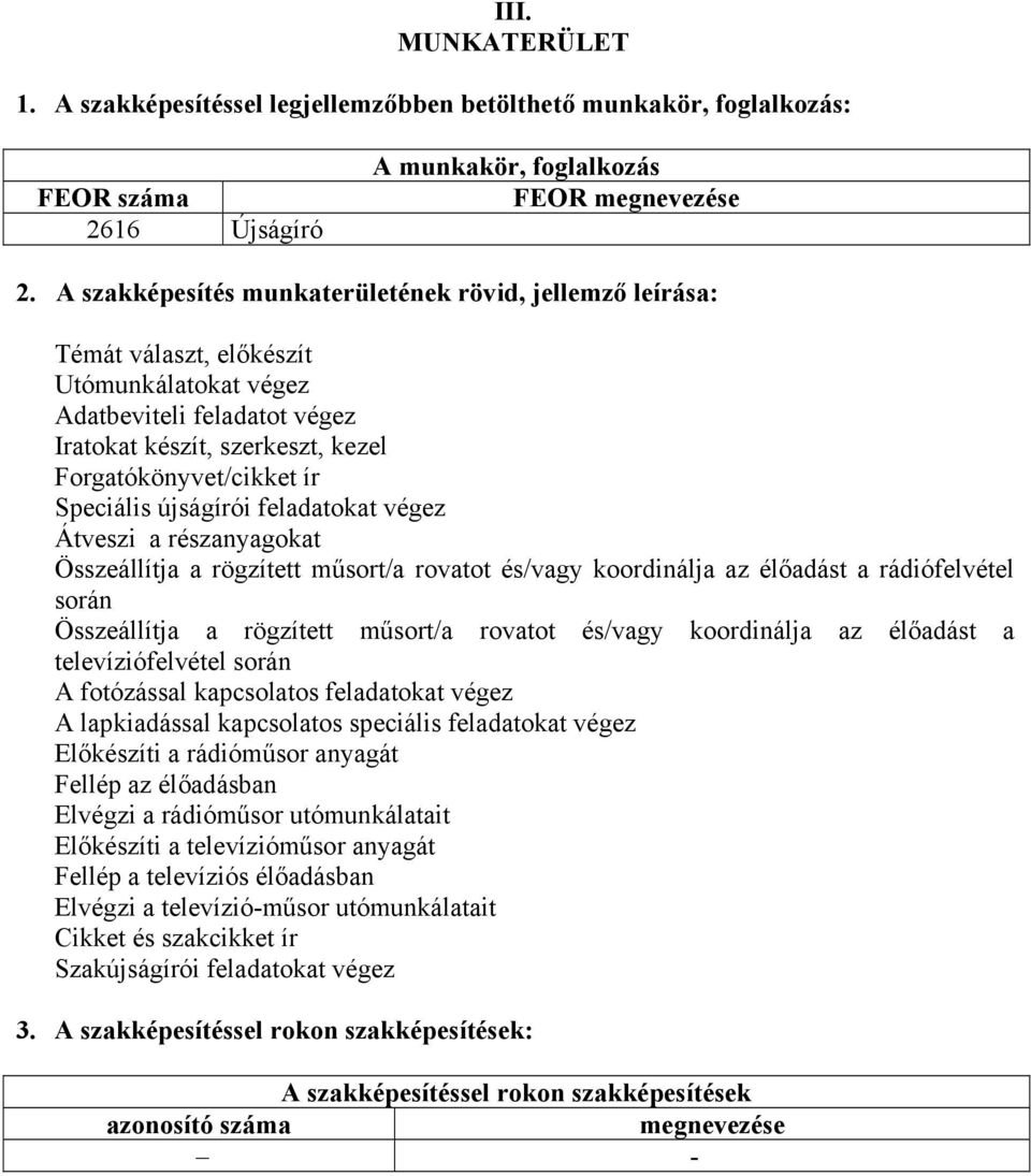 újságírói feladatokat végez Átveszi a részanyagokat Összeállítja a rögzített műsort/a rovatot és/vagy koordinálja az élőadást a rádiófelvétel során Összeállítja a rögzített műsort/a rovatot és/vagy