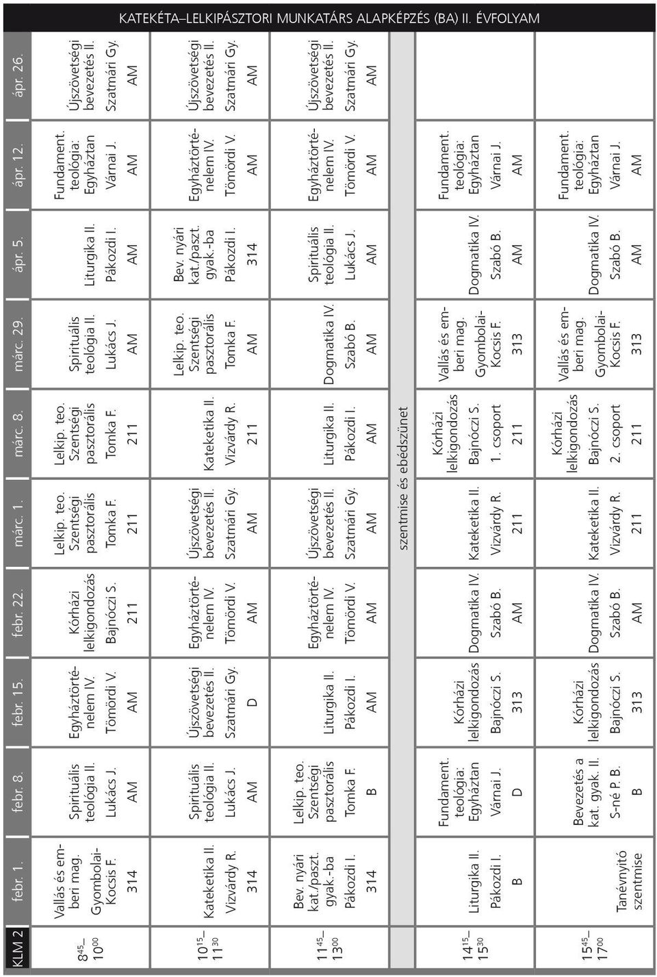 Liturgika Pákozdi I. Fundament. teológia: Egyháztan Újszövetségi bevezetés Kateketika 11 30 Vizvárdy R. Spirituális teológia Lu kács J. Újszövetségi bevezetés Egyháztörténelem IV.