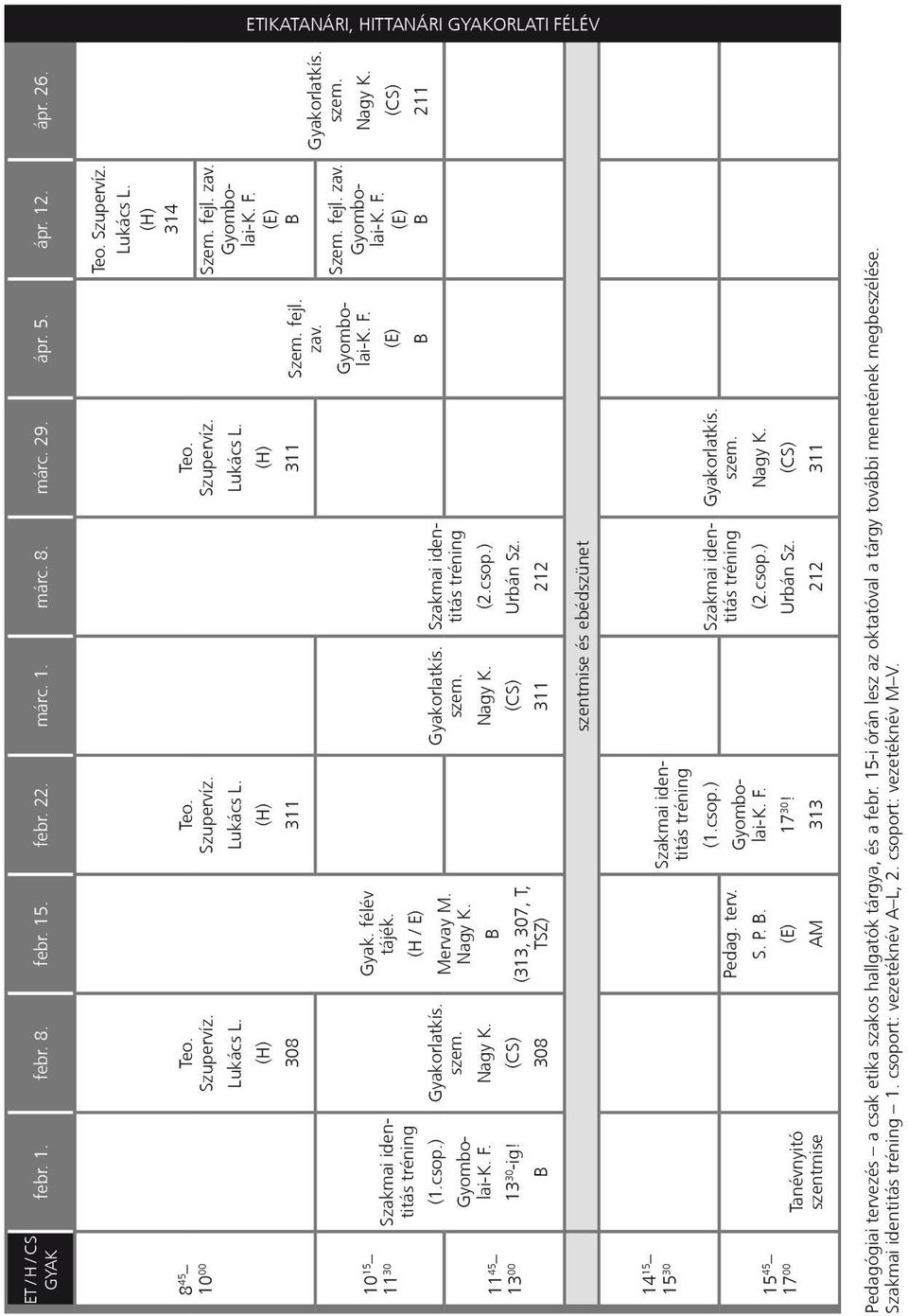 szem. (CS) 311 Szakmai identitás tréning (2.csop.) Teo. Szupervíz. Lu kács L. (H) 311 Szem. fejl. zav. (E) Teo. Szupervíz. Lu kács L. (H) Szem. fejl. zav. (E) Szem. fejl. zav. (E) Gyakorlatkís. szem.