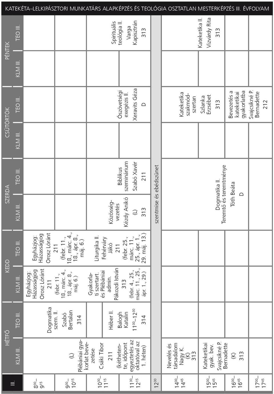 Szabó ertalan alogh Katalin 11 00 12 30 Egyházjog: Házasságjog Orosz Lóránt (febr. 11., 18., márc. 4., 18., ápr. 8., máj. 6.) Gyakorlati szertart. és Plébániai admin. Pákozdi István (febr. 4., 25.