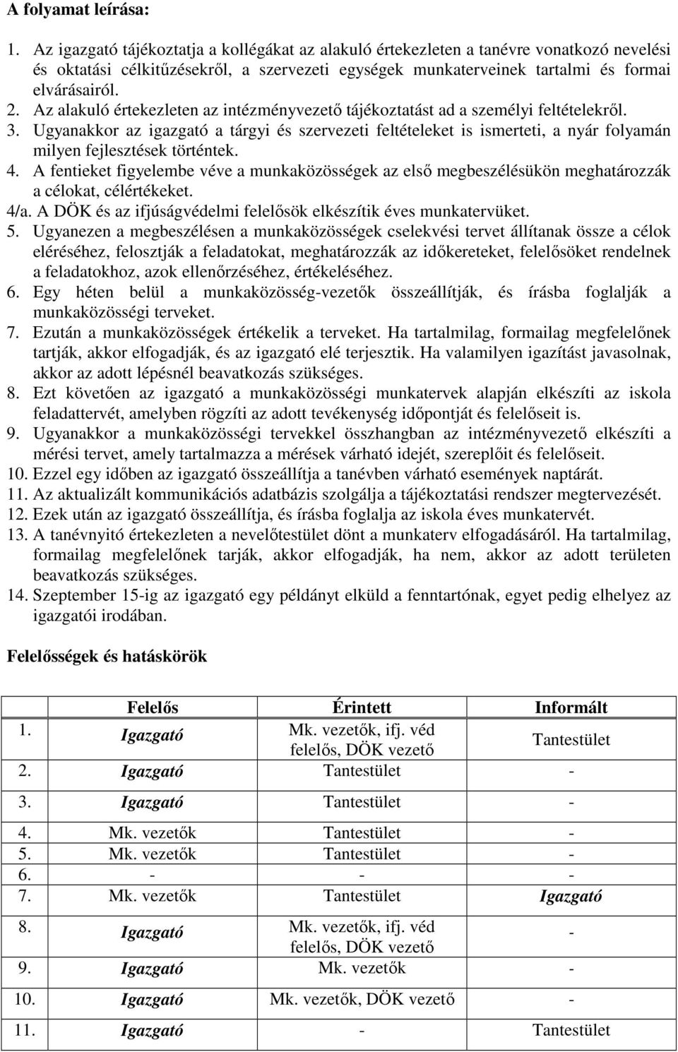 Az alakuló értekezleten az intézményvezetı tájékoztatást ad a személyi feltételekrıl. 3.