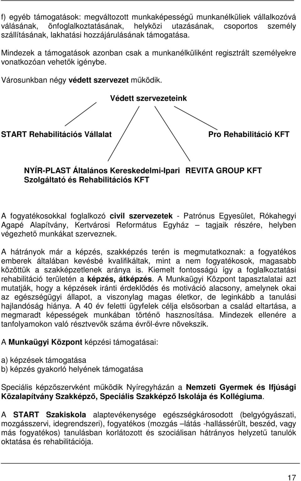 Védett szervezeteink START Rehabilitációs Vállalat Pro Rehabilitáció KFT NYÍR-PLAST Általános Kereskedelmi-Ipari REVITA GROUP KFT Szolgáltató és Rehabilitációs KFT A fogyatékosokkal foglalkozó civil