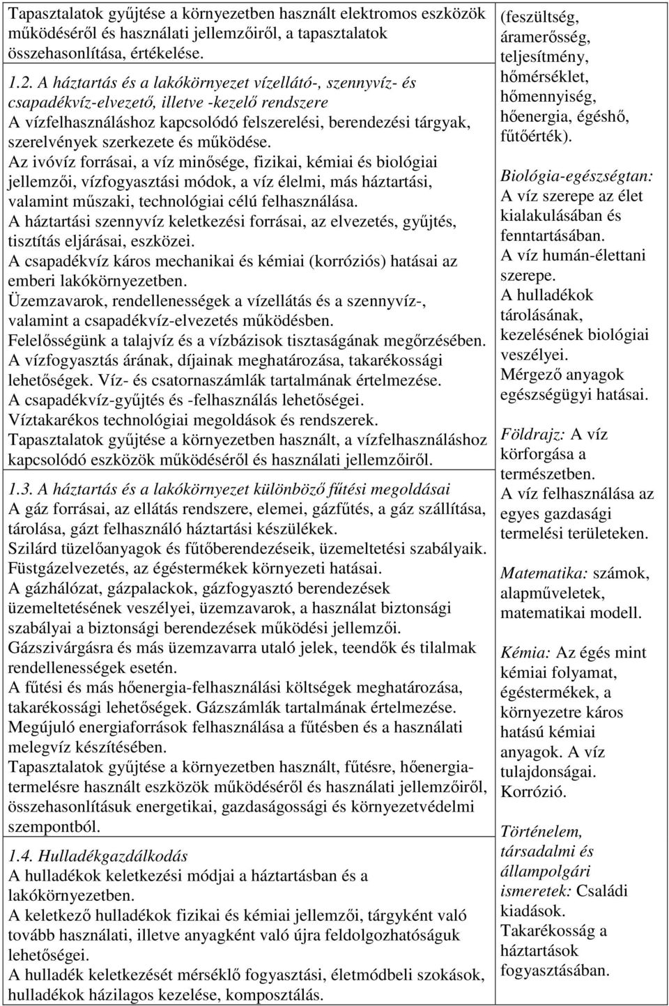 működése. Az ivóvíz forrásai, a víz minősége, fizikai, kémiai és biológiai jellemzői, vízfogyasztási módok, a víz élelmi, más háztartási, valamint műszaki, technológiai célú felhasználása.