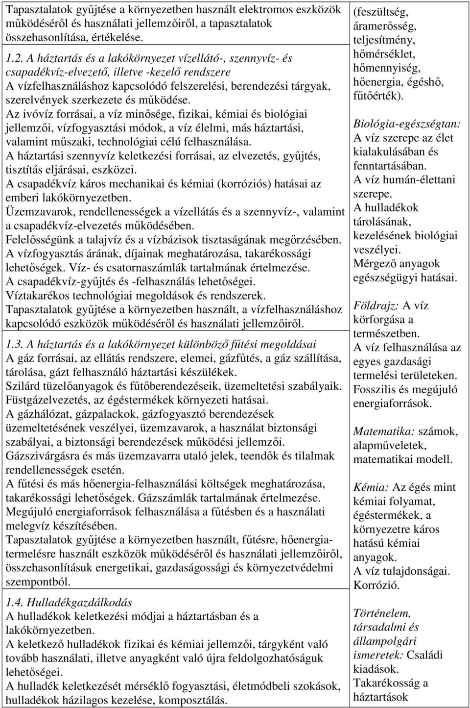 működése. Az ivóvíz forrásai, a víz minősége, fizikai, kémiai és biológiai jellemzői, vízfogyasztási módok, a víz élelmi, más háztartási, valamint műszaki, technológiai célú felhasználása.