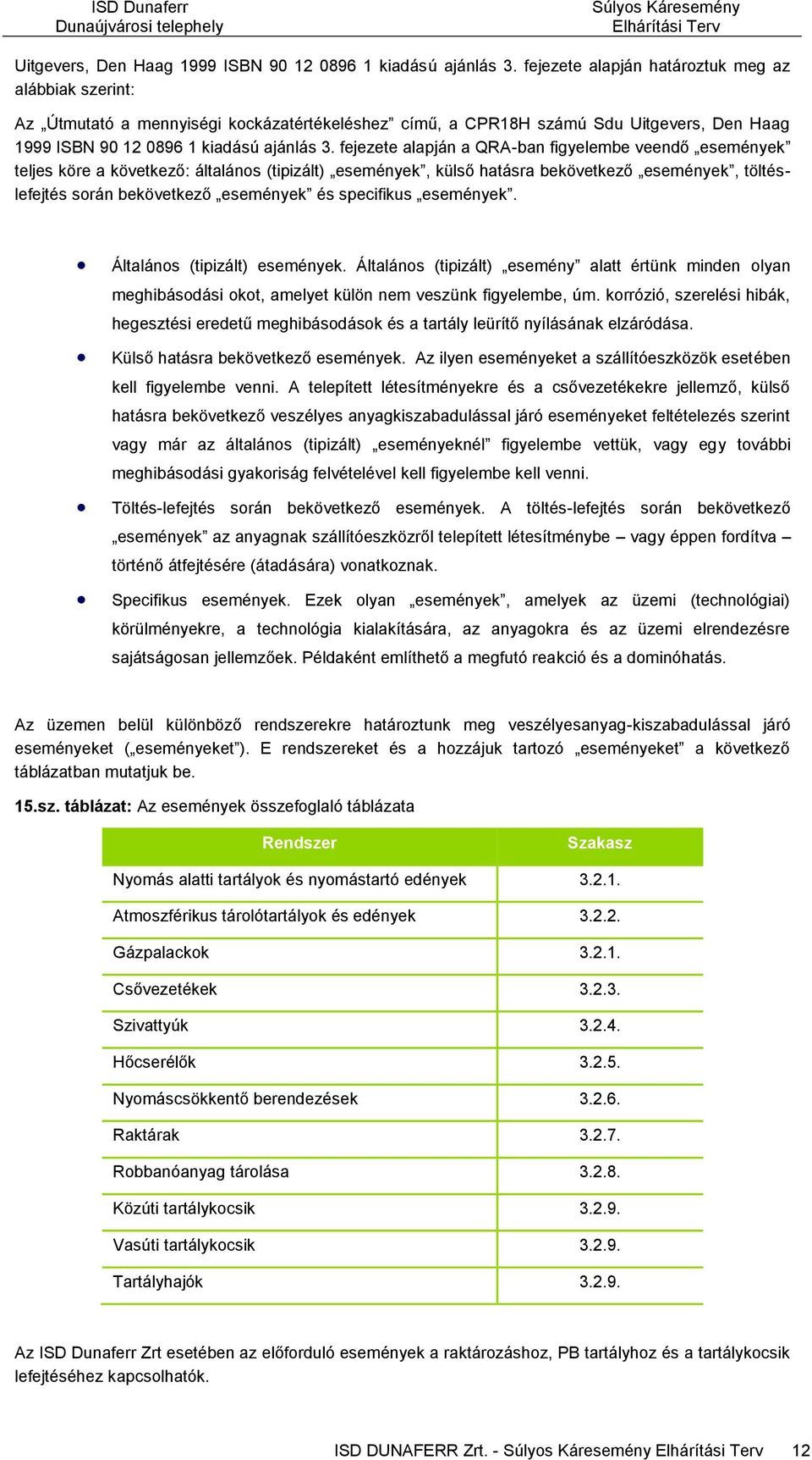 következő: általános (tipizált) események, külső hatásra bekövetkező események, töltéslefejtés során bekövetkező események és specifikus események. Általános (tipizált) események.