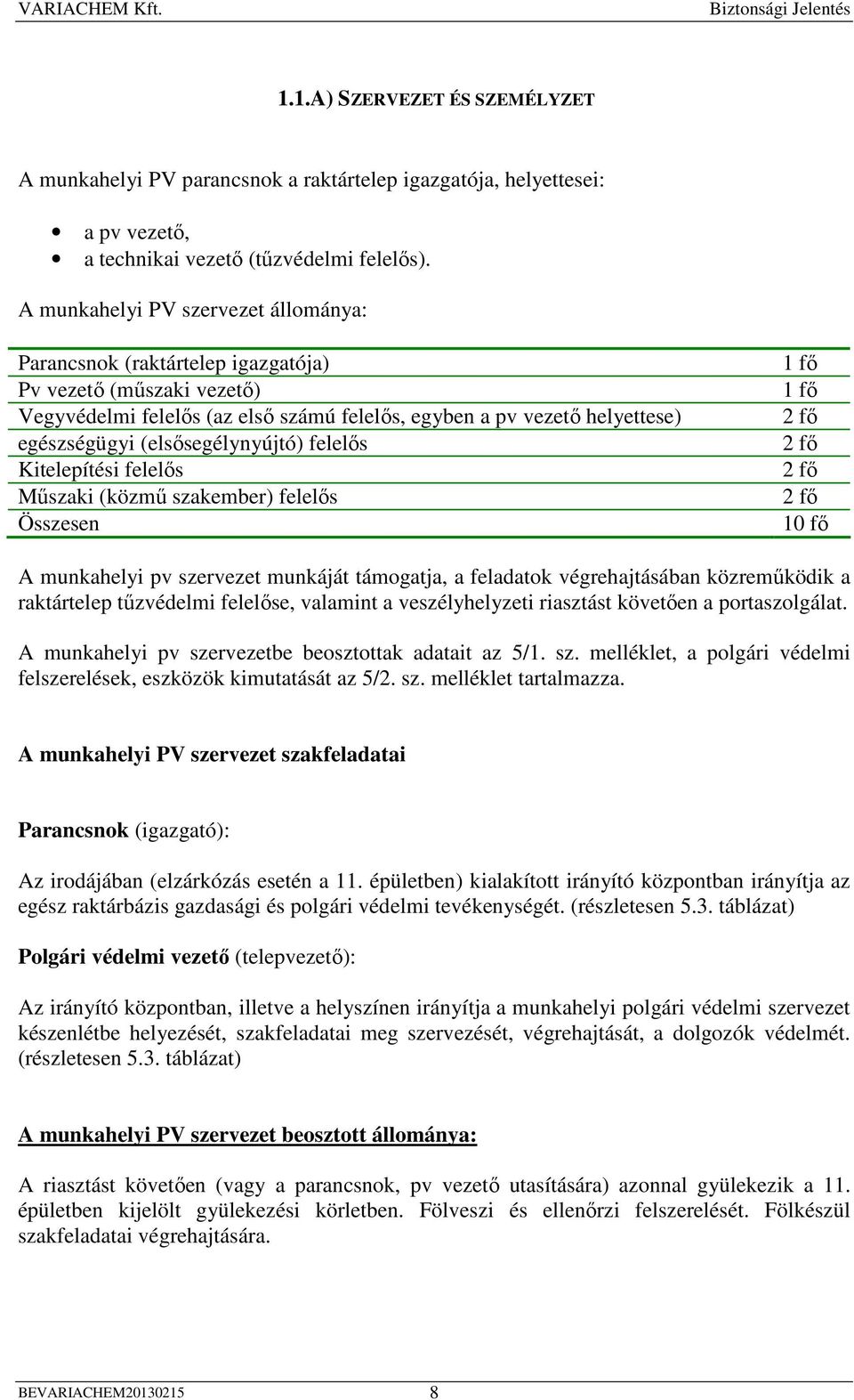 (elsısegélynyújtó) felelıs Kitelepítési felelıs Mőszaki (közmő szakember) felelıs Összesen 1 fı 1 fı 2 fı 2 fı 2 fı 2 fı 10 fı A munkahelyi pv szervezet munkáját támogatja, a feladatok