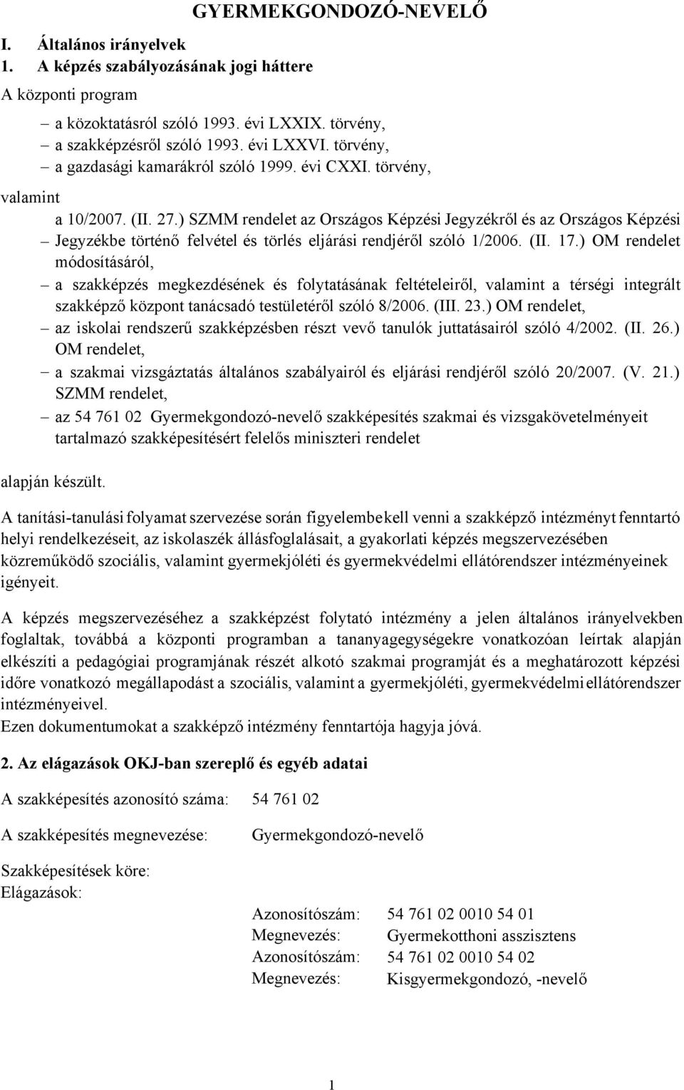 ) SZMM rendelet az Országos Képzési Jegyzékről és az Országos Képzési Jegyzékbe történő felvétel és törlés eljárási rendjéről szóló 1/2006. (II. 17.