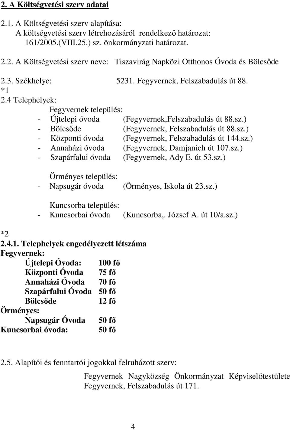 sz.) - Annaházi óvoda (Fegyvernek, Damjanich út 107.sz.) - Szapárfalui óvoda (Fegyvernek, Ady E. út 53.sz.) Örményes település: - Napsugár óvoda (Örményes, Iskola út 23.sz.) Kuncsorba település: - Kuncsorbai óvoda (Kuncsorba,.