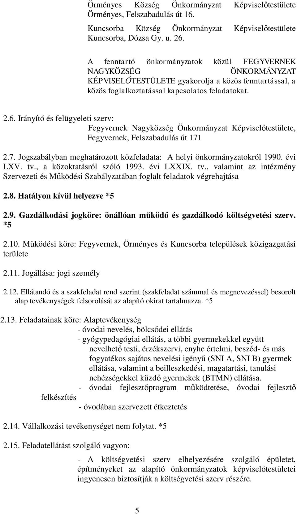 Irányító és felügyeleti szerv: Fegyvernek Nagyközség Önkormányzat Képviselőtestülete, Fegyvernek, Felszabadulás út 171 2.7. Jogszabályban meghatározott közfeladata: A helyi önkormányzatokról 1990.