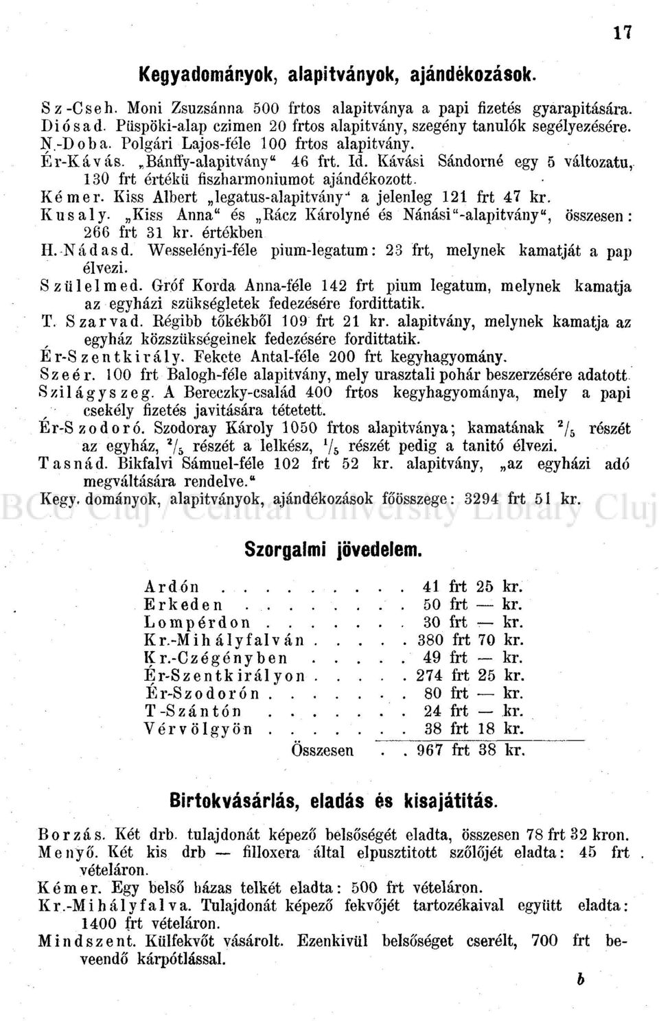 Kávási Sándorné egy 5 változatú, 130 frt értékű fiszharmoniumot ajándékozott. Kémer. Kiss Albert legatus-alapitvány' a jelenleg 121 frt 47 kr. Kusaly.