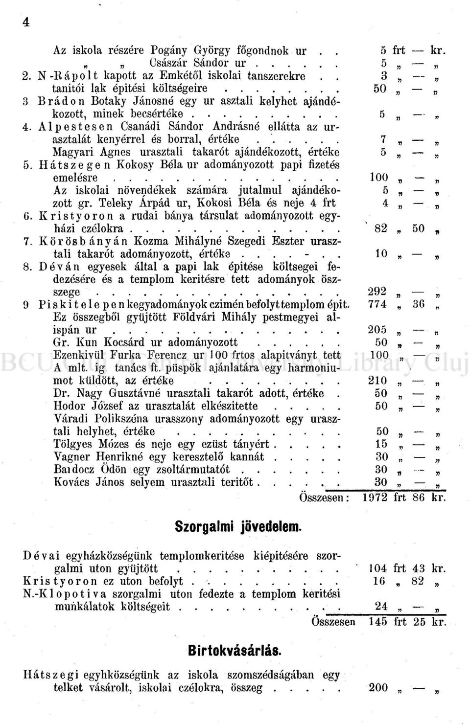 Alpestesen Csanádi Sándor Andrásné ellátta az urasztalát kenyérrel és borral, értéke 7 v Magyari Ágnes urasztali takarót ajándékozott, értéke 5 5.