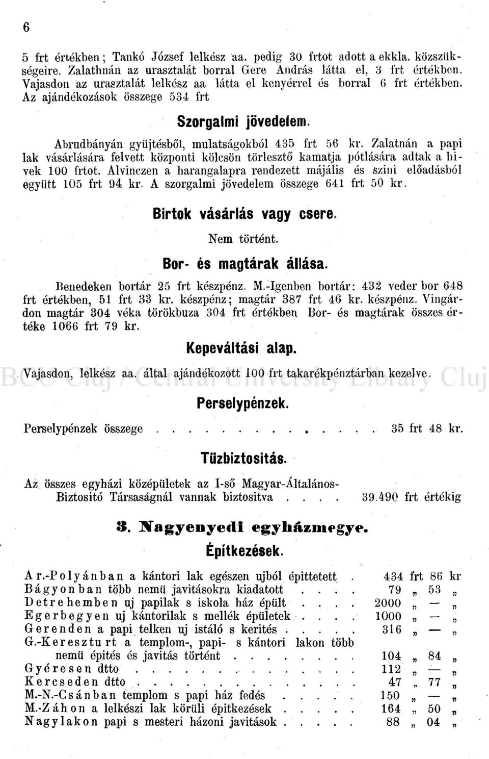 Zalatnán a papi lak vásárlására felvett központi kölcsön törlesztő kamatja pótlására adtak a Invek 100 frtot. Alvinczen a harangalapra rendezett majális és szini előadásból együtt 105 frt 94 kr.