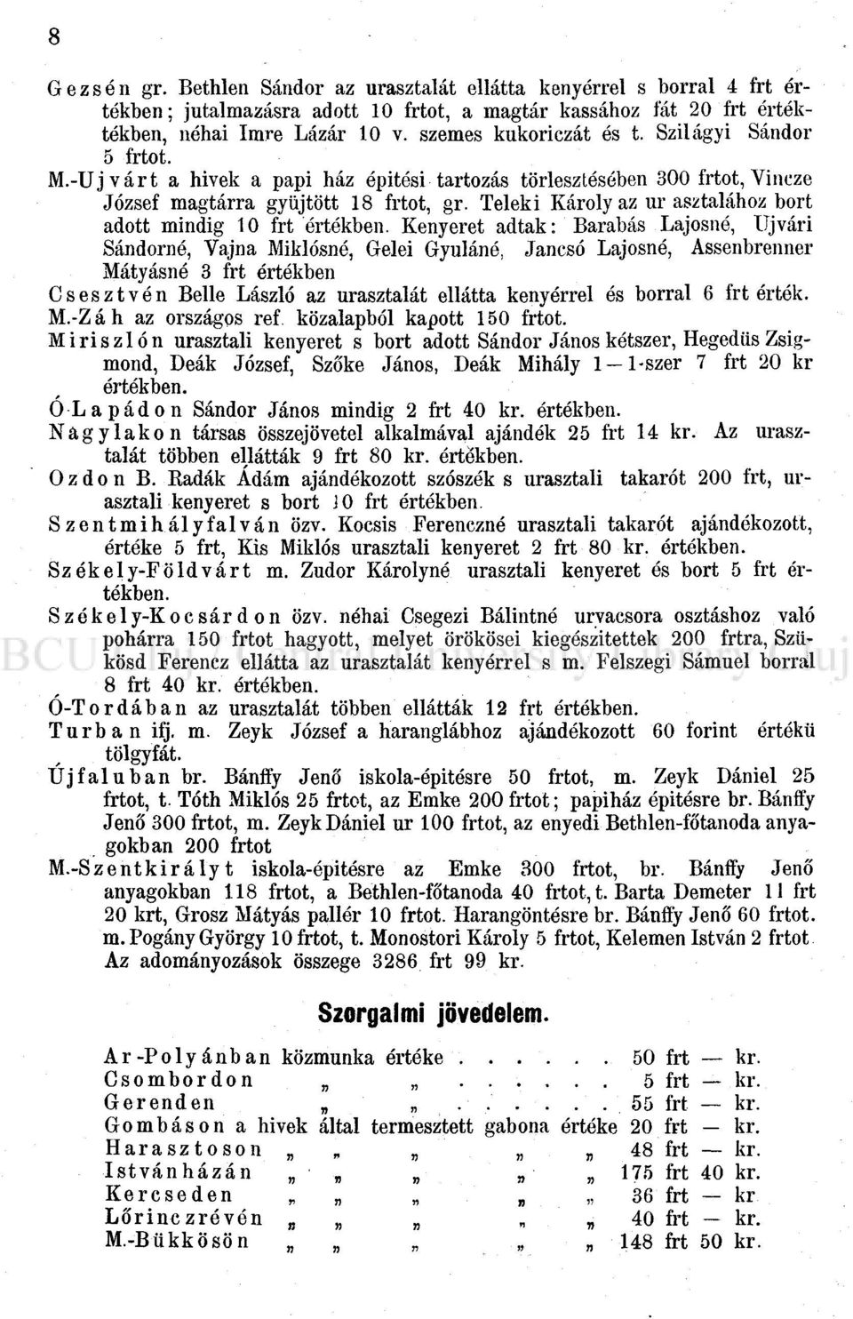 Teleki Károly az ur asztalához bort adott mindig 10 frt értékben. Kenyeret adtak: Barabás Lajosné, Újvári Sándorné, Vájna Miklósné, Gelei Gyulánó.