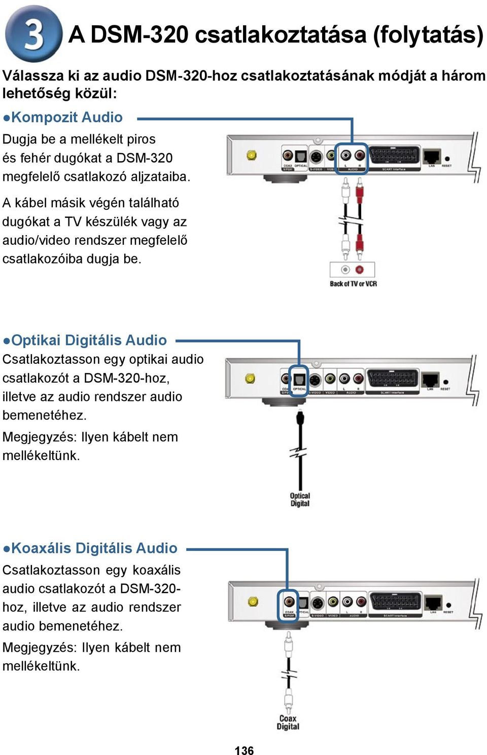 Optikai Digitális Audio Csatlakoztasson egy optikai audio csatlakozót a DSM-320-hoz, illetve az audio rendszer audio bemenetéhez. Megjegyzés: Ilyen kábelt nem mellékeltünk.