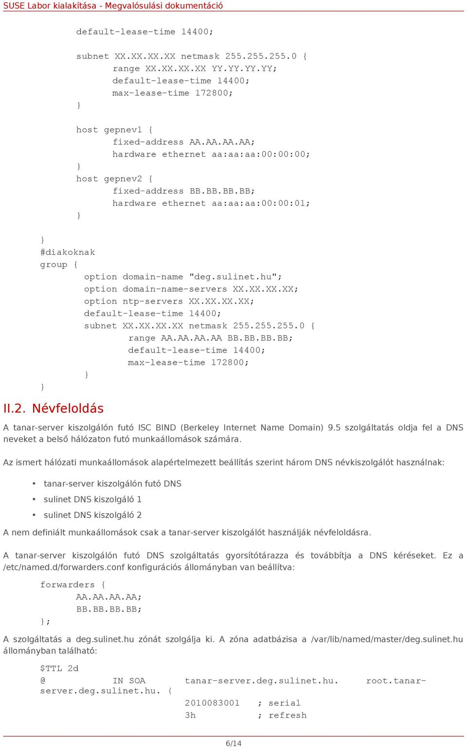 hu"; option domain-name-servers XX.XX.XX.XX; option ntp-servers XX.XX.XX.XX; default-lease-time 14400; subnet XX.XX.XX.XX netmask 255.255.255.0 { range AA.AA.AA.AA BB.