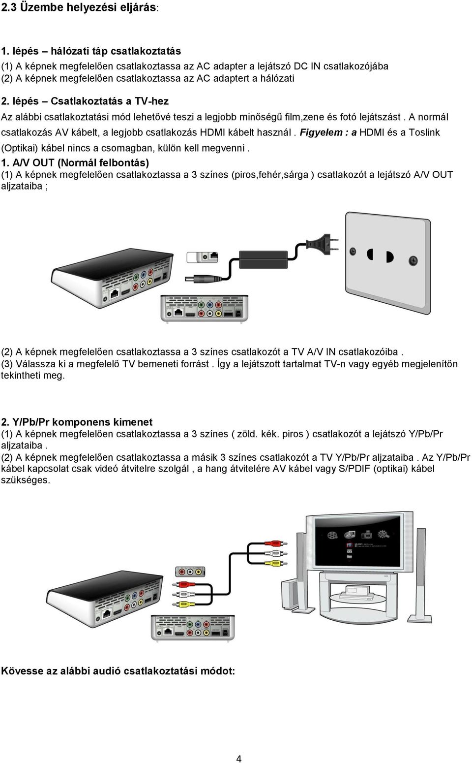 lépés Csatlakoztatás a TV-hez Az alábbi csatlakoztatási mód lehetővé teszi a legjobb minőségű film,zene és fotó lejátszást. A normál csatlakozás AV kábelt, a legjobb csatlakozás HDMI kábelt használ.