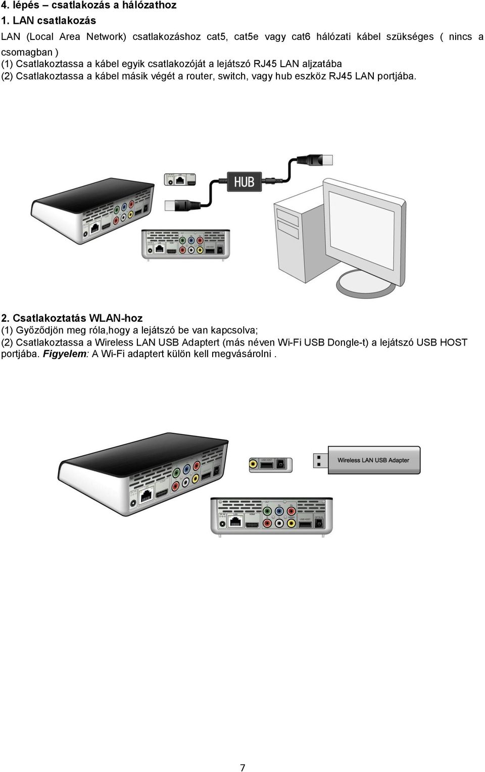 a kábel egyik csatlakozóját a lejátszó RJ45 LAN aljzatába (2) Csatlakoztassa a kábel másik végét a router, switch, vagy hub eszköz RJ45 LAN