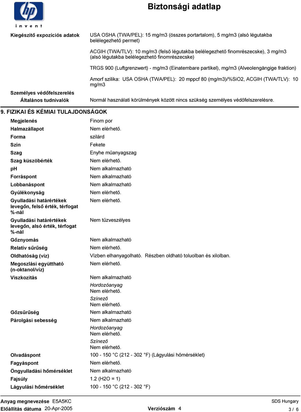 (mg/m3)/%sio2, ACGIH (TWA/TLV): 10 mg/m3 Személyes védıfelszerelés Általános tudnivalók Normál használati körülmények között nincs szükség személyes védıfelszerelésre. 9.