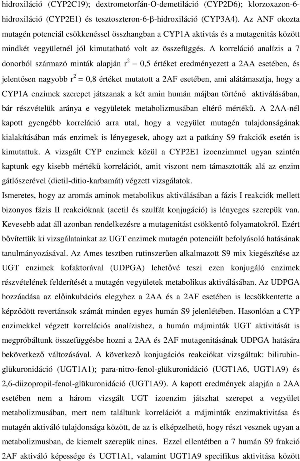 A korreláció analízis a 7 donorból származó minták alapján r 2 0,5 értéket eredményezett a 2AA esetében, és jelentősen nagyobb r 2 0,8 értéket mutatott a 2AF esetében, ami alátámasztja, hogy a CYP1A