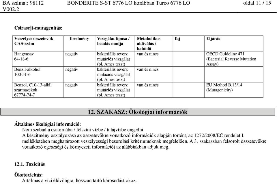 Ames teszt) Metabolikus aktiválás / hatóidő faj Eljárás van és nincs OECD Guideline 471 (Bacterial Reverse Mutation Assay) van és nincs van és nincs EU Method B.13/14 (Mutagenicity) 12.