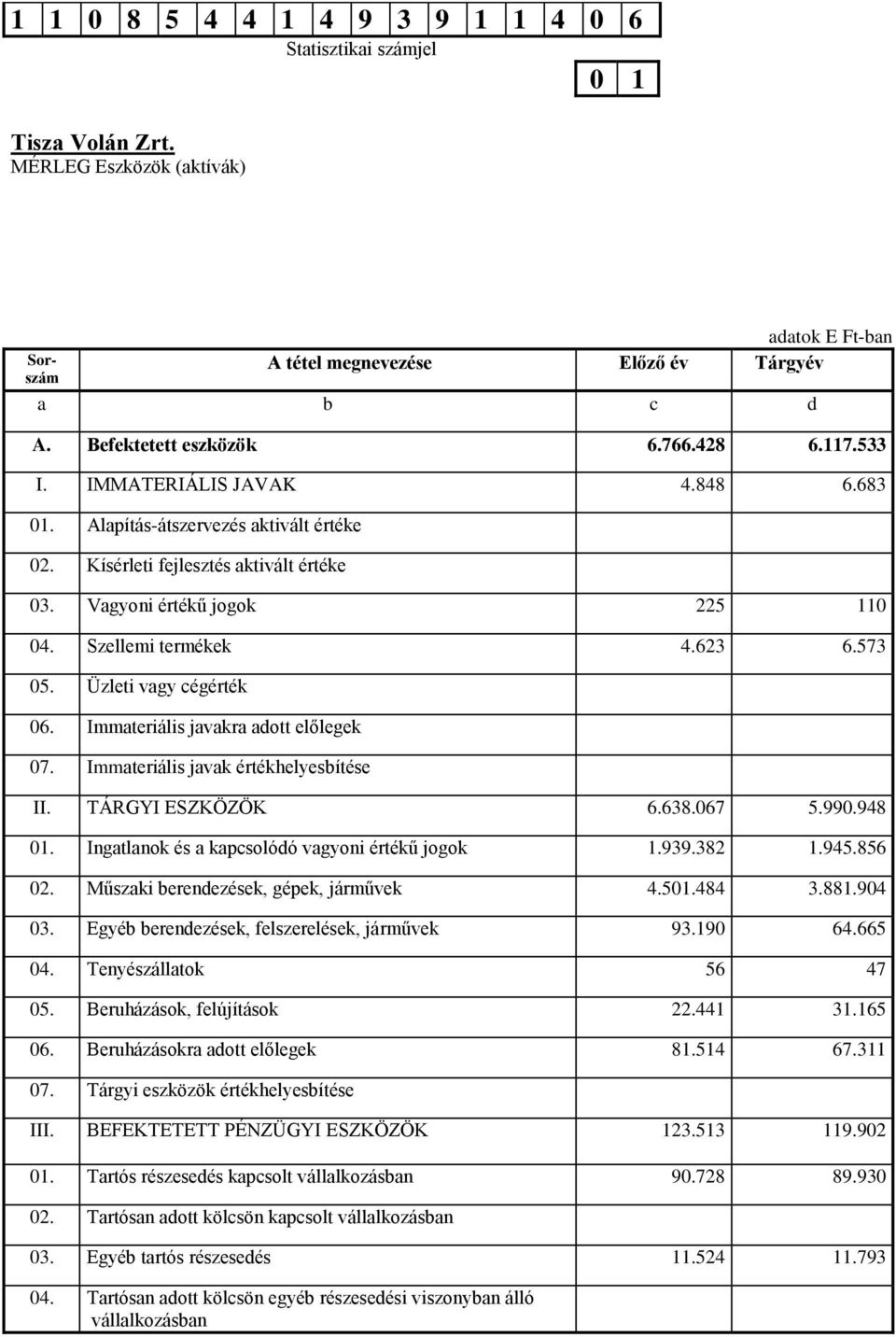 573 05. Üzleti vagy cégérték 06. Immateriális javakra adott előlegek 07. Immateriális javak értékhelyesbítése II. TÁRGYI ESZKÖZÖK 6.638.067 5.990.948 01.