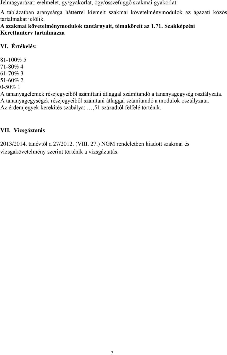 Értékelés: 81-100% 5 71-80% 4 61-70% 3 51-60% 2 0-50% 1 A tananyagelemek részjegyeiből számítani átlaggal számítandó a tananyagegység osztályzata.